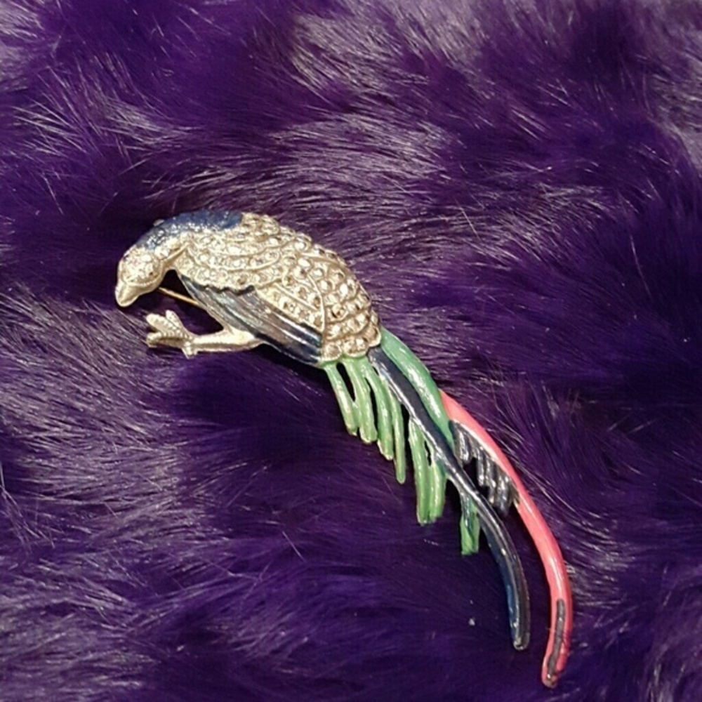 VINTAGE CZ BIRD WITH GREEN AND RED ENAMEL BROOCH